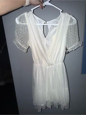 White Swiss Dot Wrap Mini Dress with Puff Sleeves